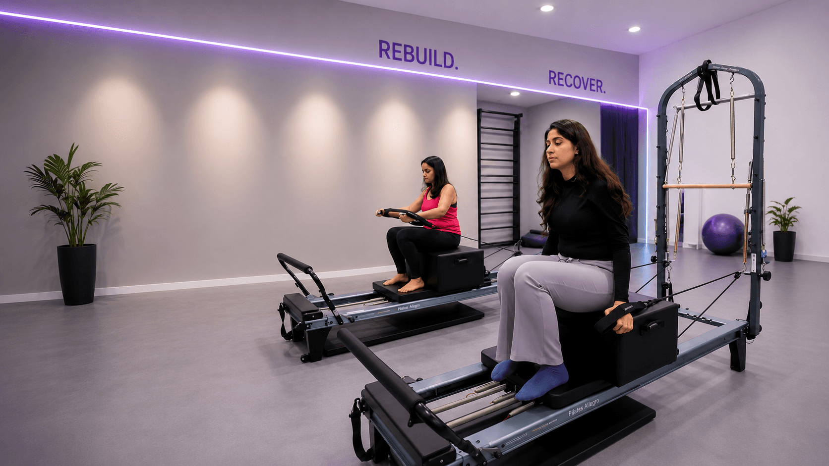 R3BOOT Pilates studio, clients on reformer machines beneath the Rebuild. Recover. wall