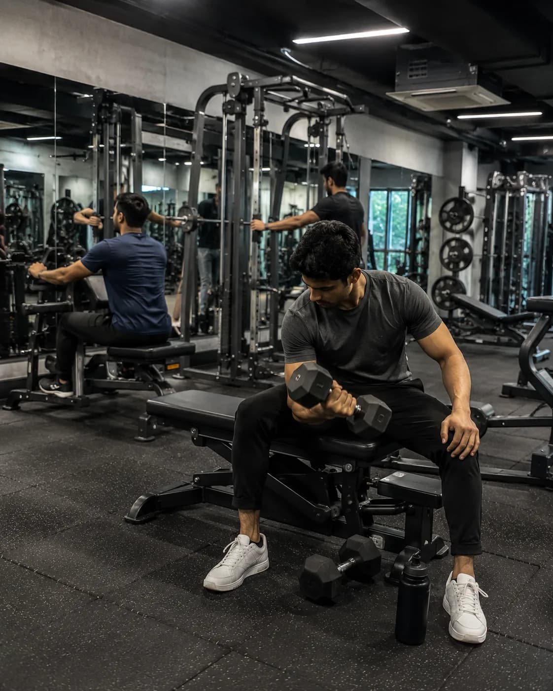 Member training with dumbbells in a commercial gym